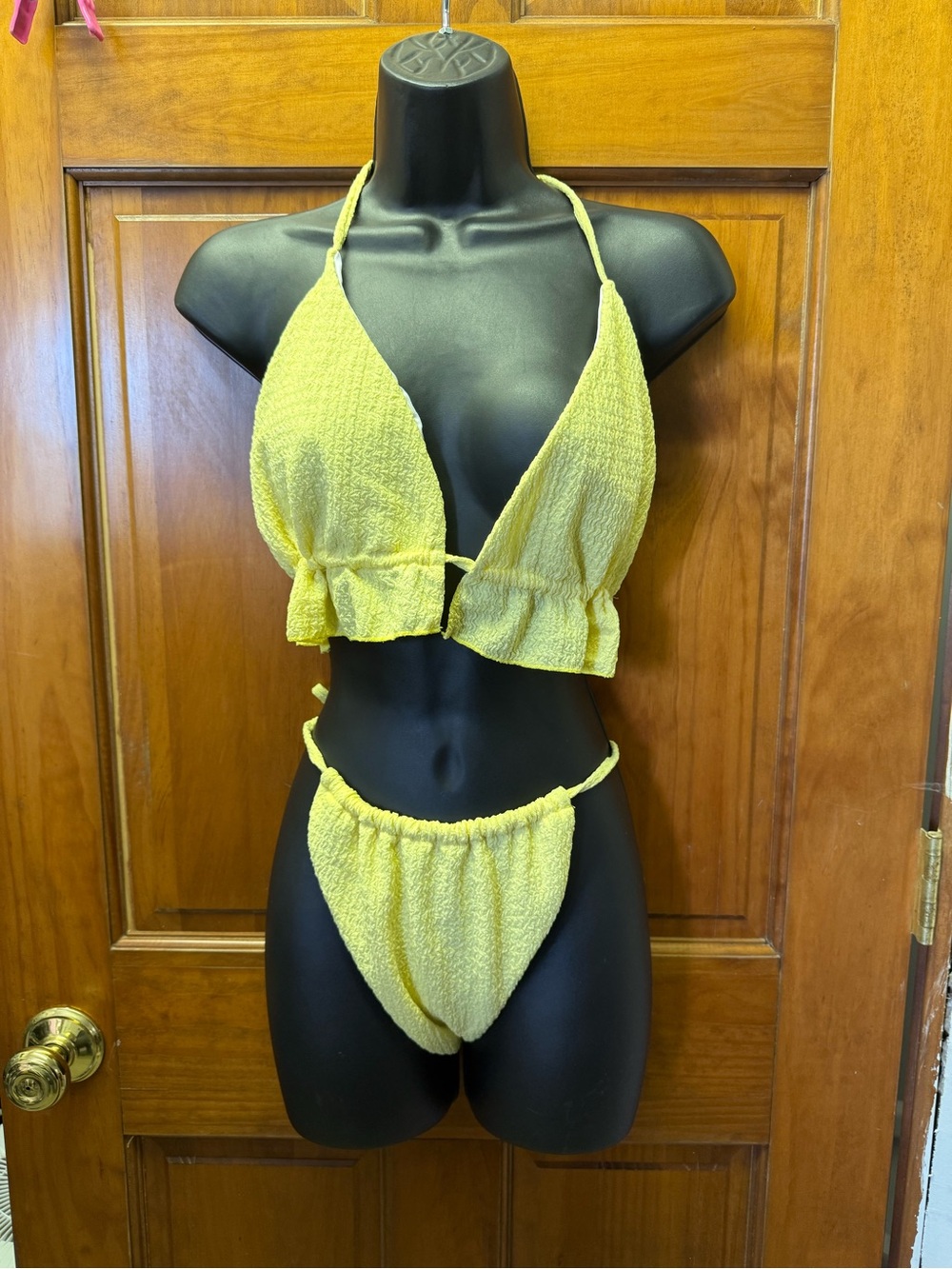 SHEIN Yellow Textured Tie-Back Halter Bikini Set
